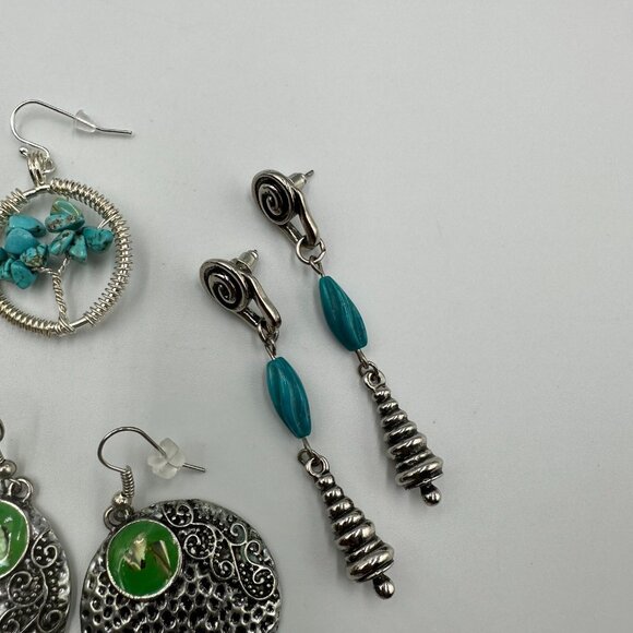 Earrings Lot Silver Tone Pierced Dangle Metal Faux Turquoise Beads 3 Pairs - Picture 4 of 13